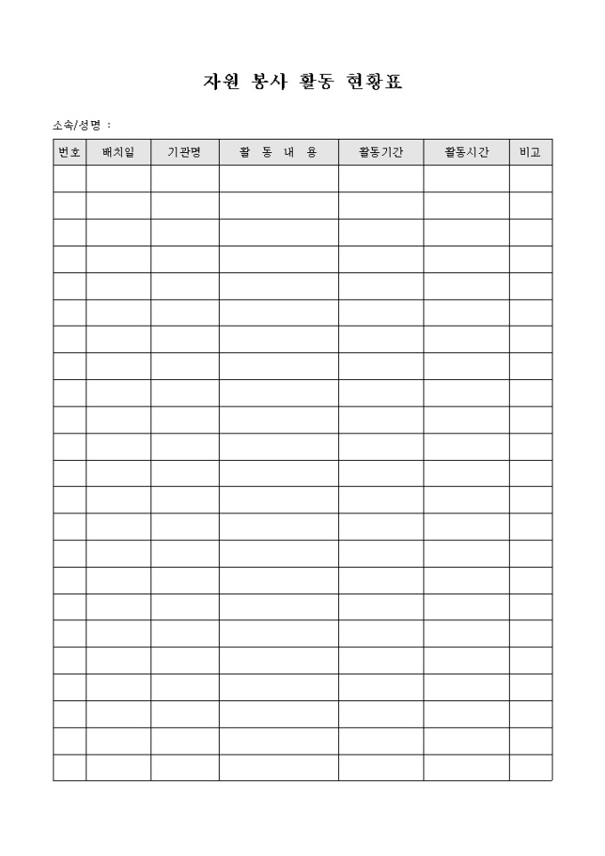 자원 봉사 활동 현황표 미리보기