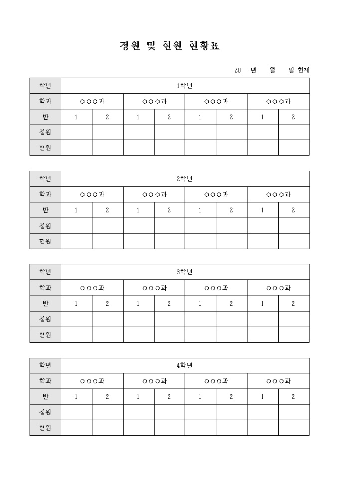 정원 및 현원 현황표 미리보기
