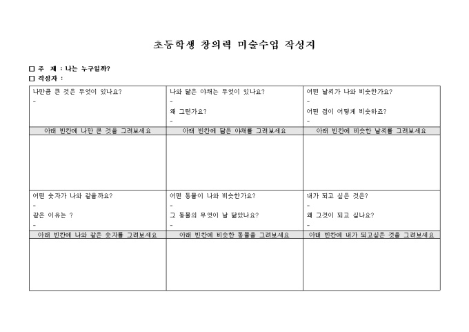 초등학생 창의력 미술수업 작성지(나는 누구일까) 미리보기