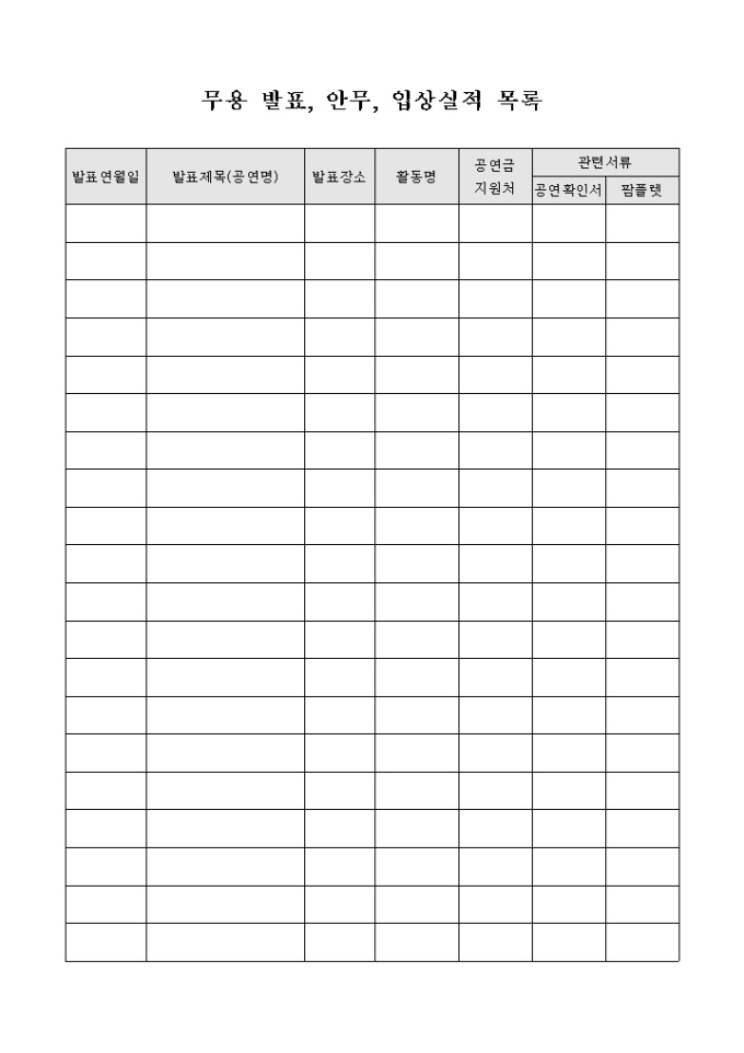 무용 발표, 안무, 입상실적 목록 미리보기