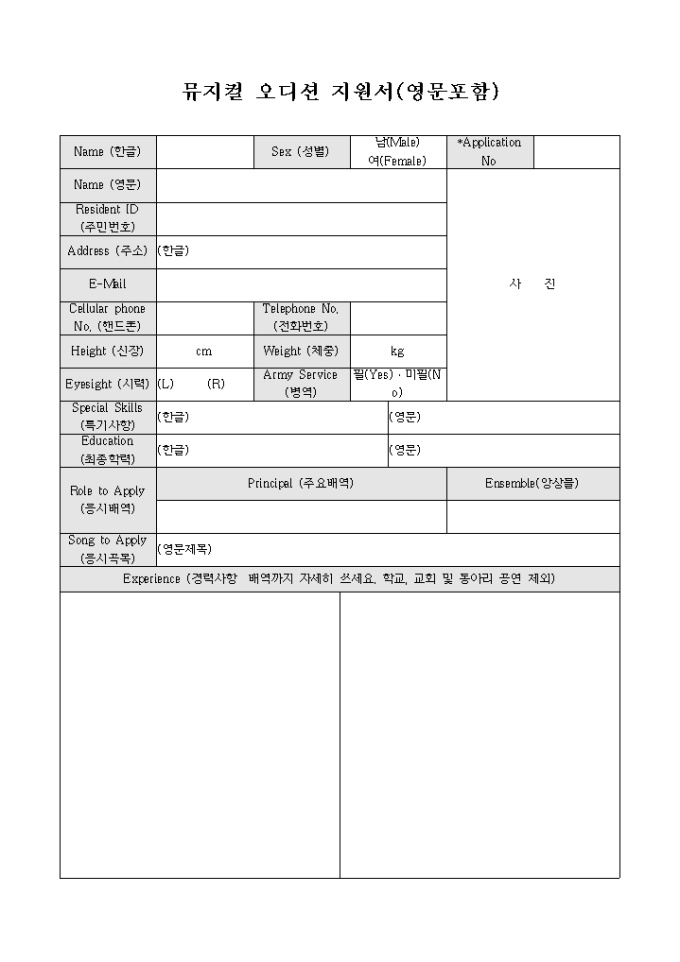 뮤지컬 오디션 지원서(영문포함) 미리보기