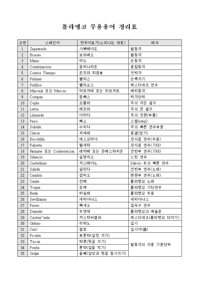 플라멩코 무용용어 정리표 미리보기
