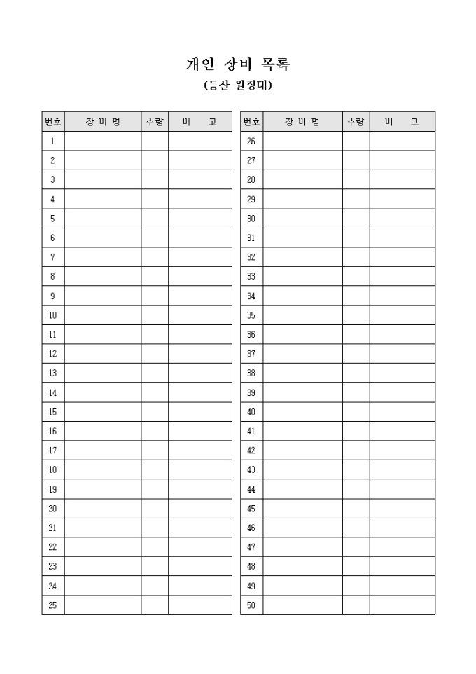 개인 장비 목록(등산 원정대) 미리보기