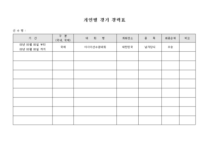 개인별 탁구경기 경력표 미리보기