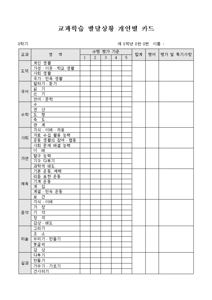 교과학습 발달상황 개인별 카드 미리보기
