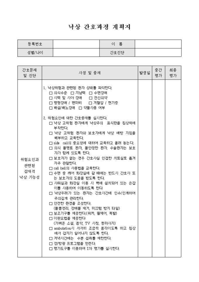 낙상 간호 과정 계획지 미리보기