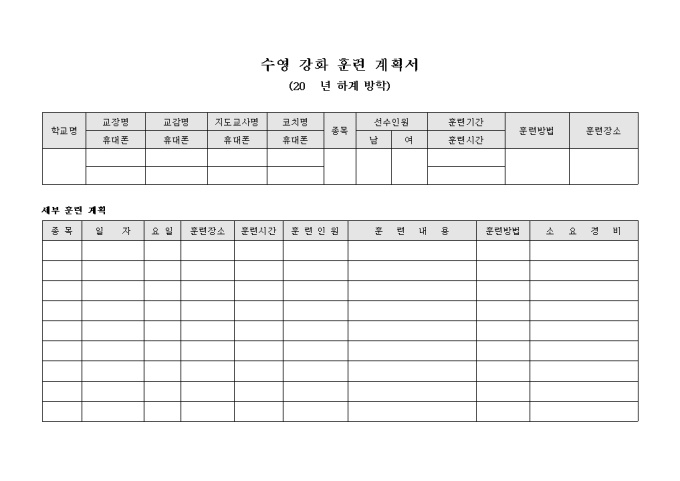 수영 강화 훈련 계획서(하계 방학) 미리보기
