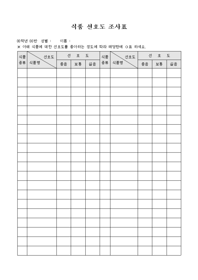 식품 선호도 조사표 미리보기