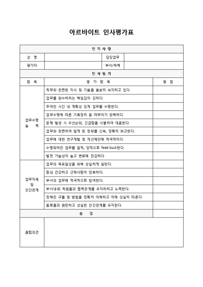 아르바이트 인사평가표 미리보기