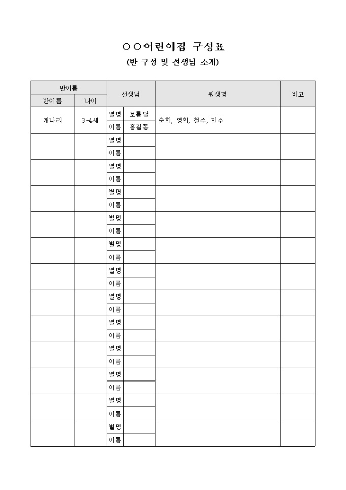 어린이집 구성표(반 구성 및 선생님 소개) 미리보기