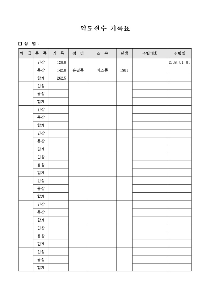 역도 선수 기록표 미리보기