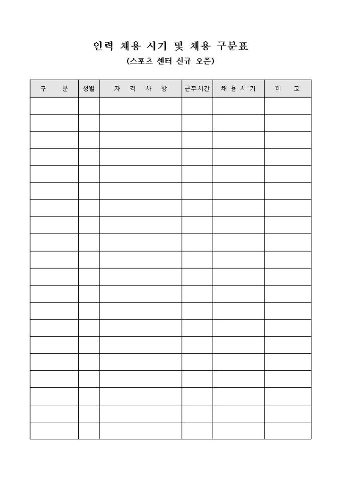 인력 채용 시기 및 채용 구분표(스포츠 센터 신규 오픈) 미리보기