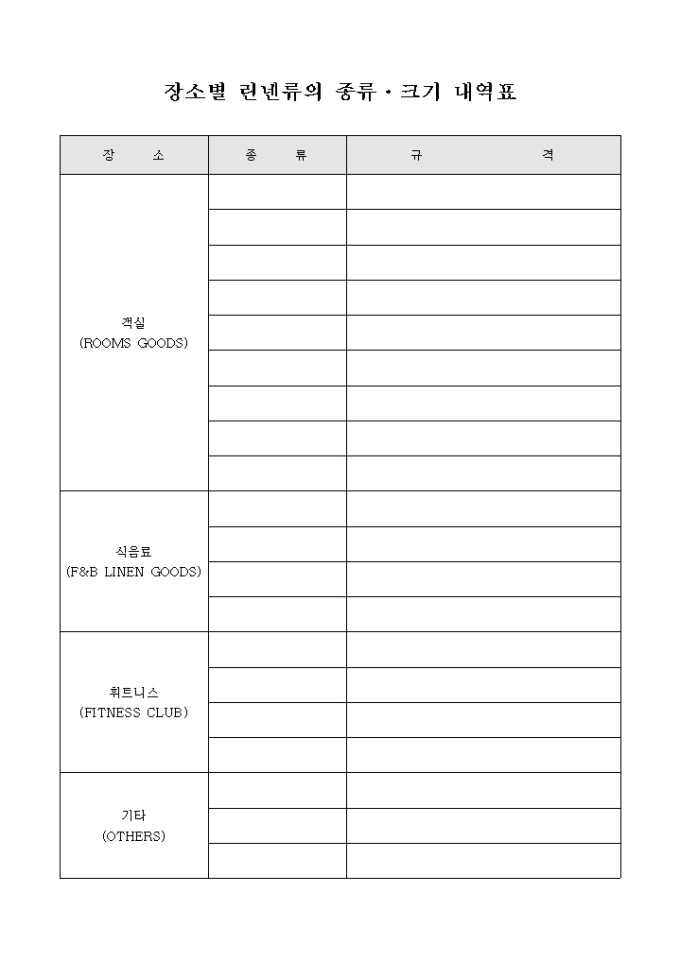 장소별 린넨류의 종류·크기 내역표 미리보기