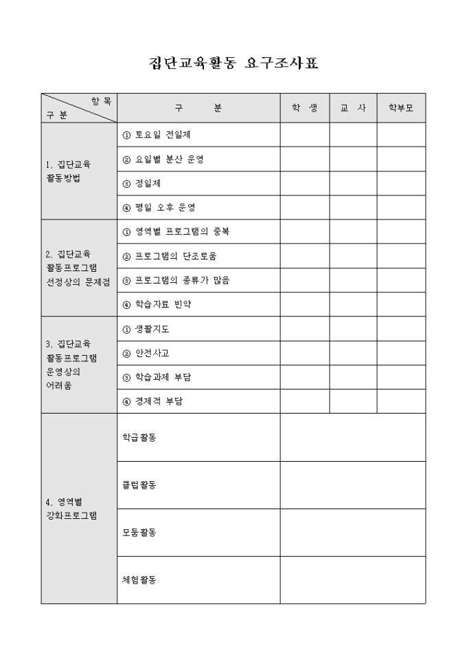 집단교육활동 요구조사표 미리보기