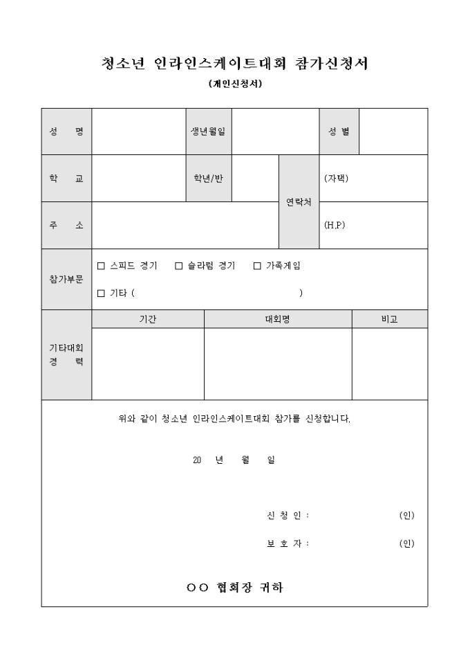 청소년 인라인 스케이트 대회 참가 신청서(개인) 미리보기