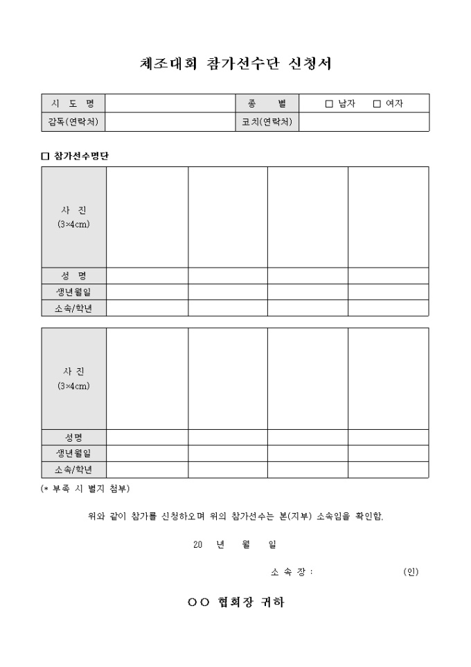 체조 대회 참가 선수단 신청서(사진부착) 미리보기