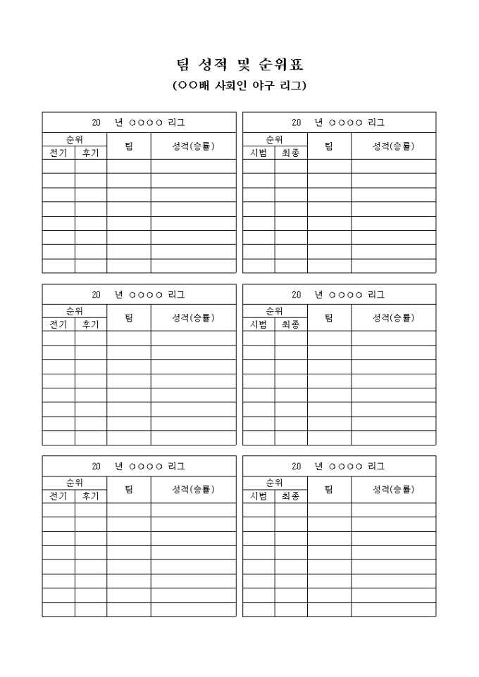 팀 성적 및 순위표(사회인 야구 리그) 미리보기
