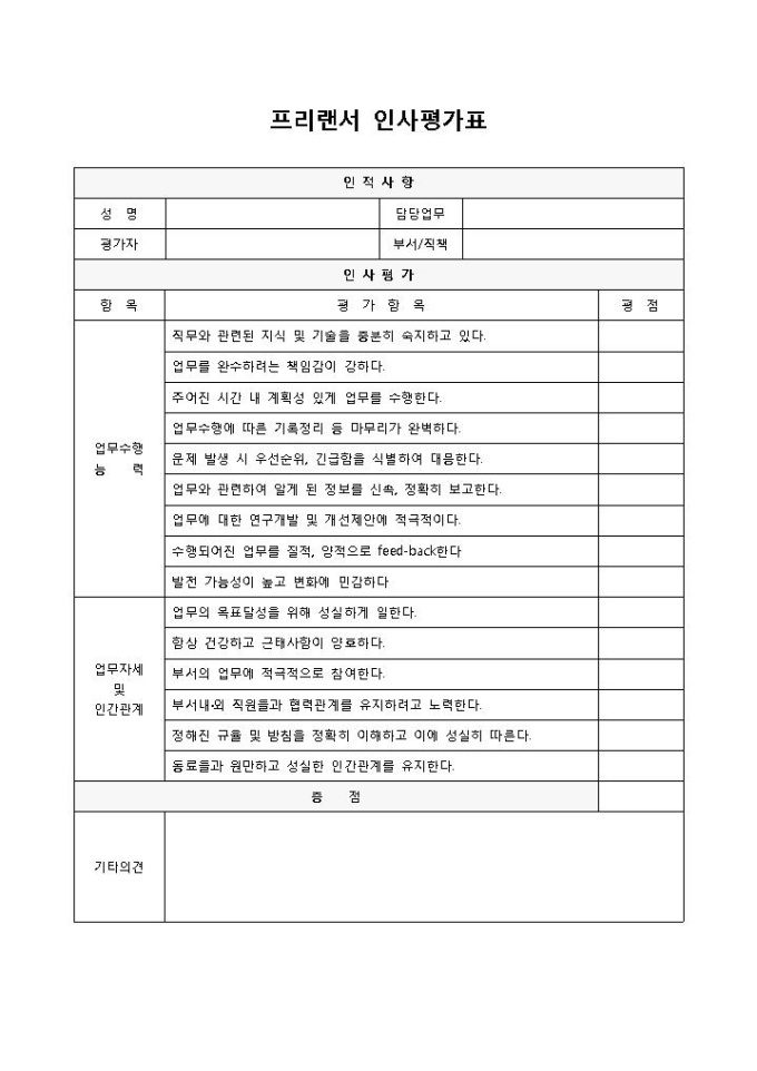 프리랜서 인사평가표 미리보기