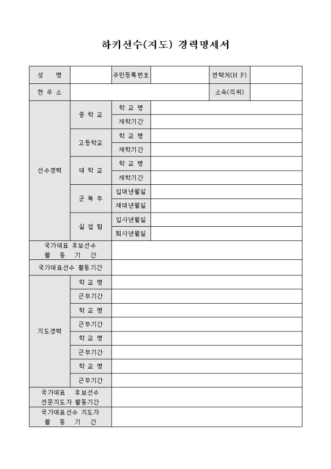 하키 선수(지도) 경력 명세서 미리보기