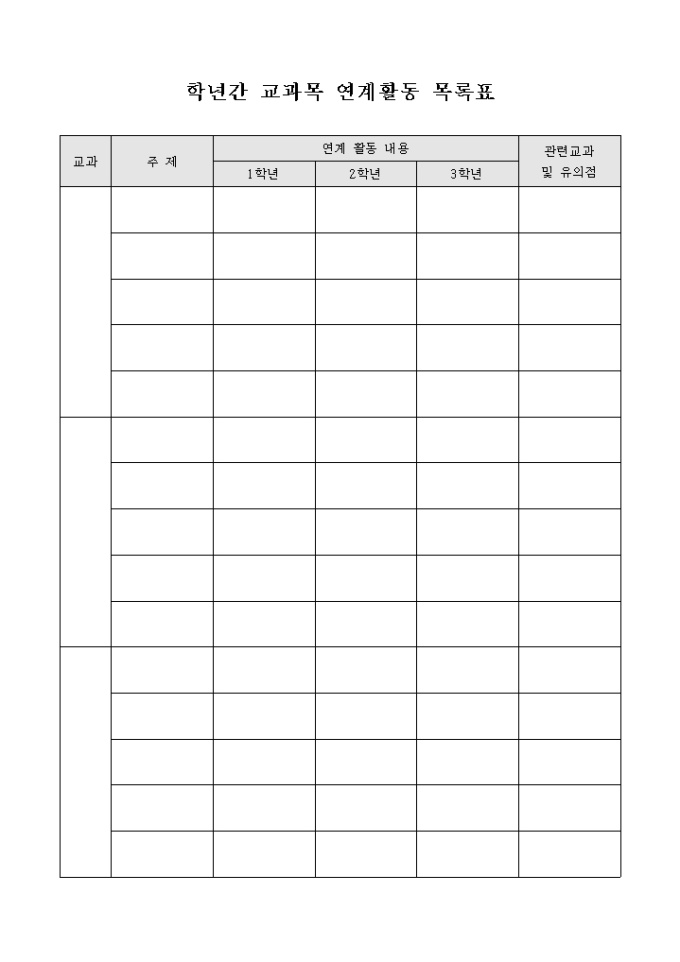 학년간 교과목 연계활동 목록표 미리보기