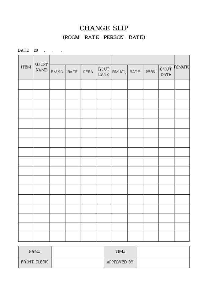 CHANGE SLIP(ROOM·RATE·PERSON·DATE) 미리보기