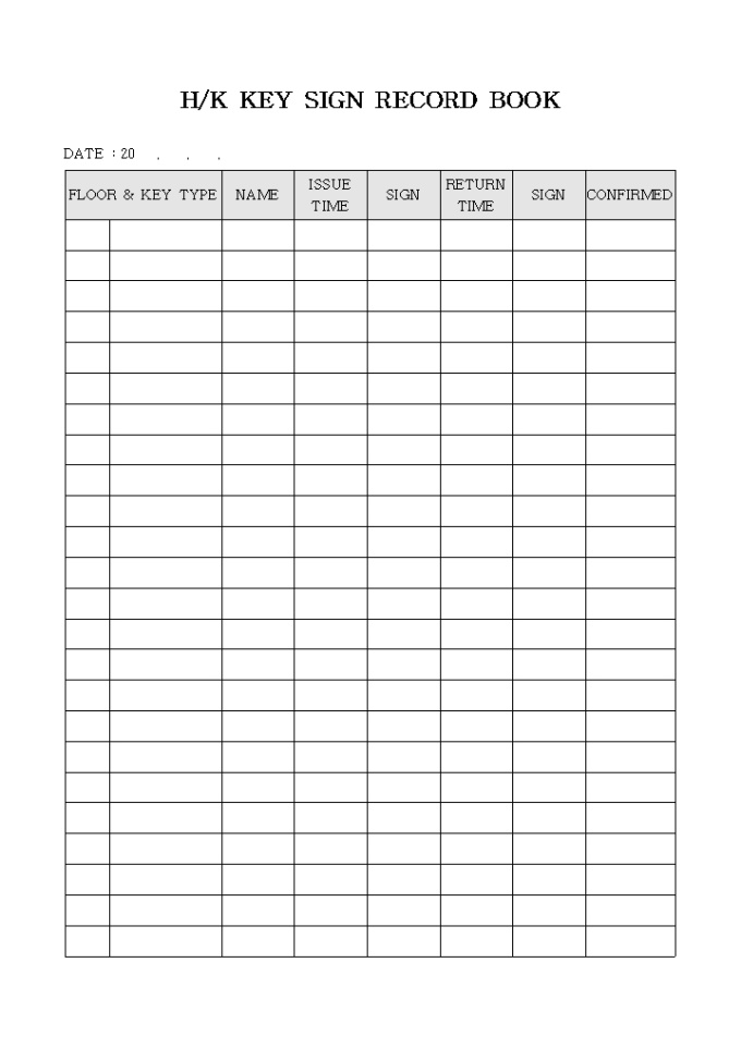 KEY SIGN RECORD BOOK(HOUSE KEEPING) 미리보기
