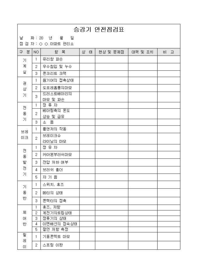 아파트승강기안전점검표 미리보기