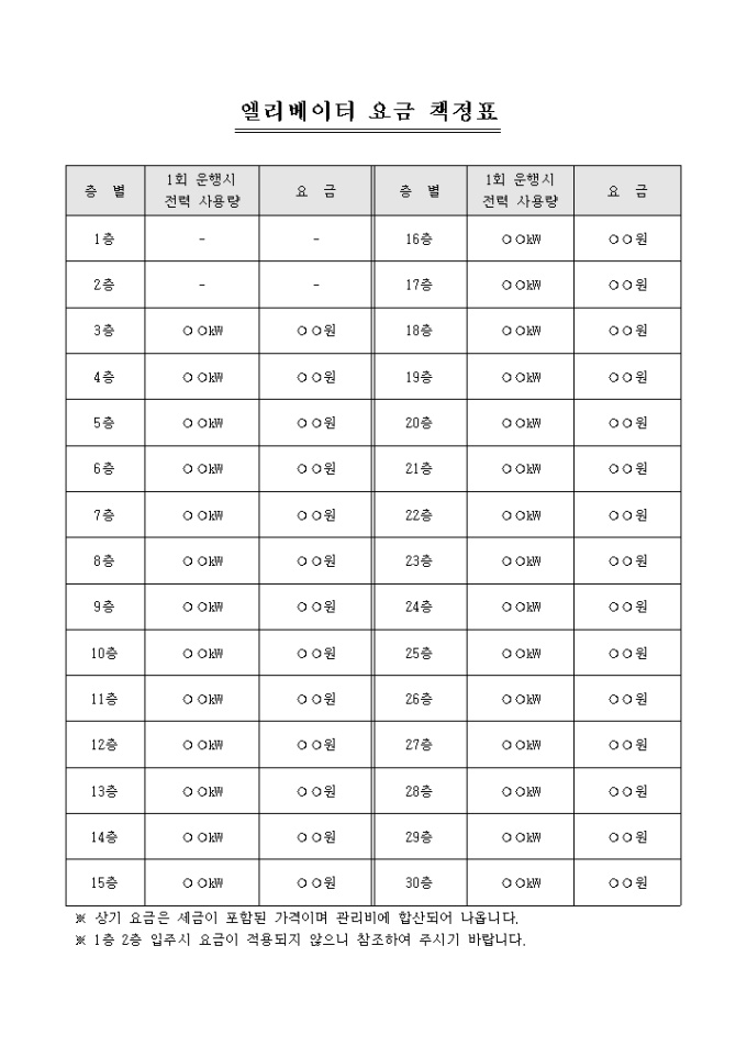 엘레베이터 요금 책정표(아파트) 미리보기