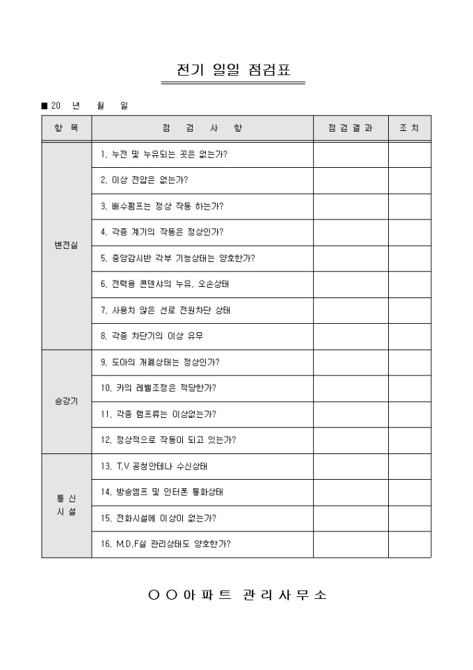 전기 일일 점검표(아파트관리사무소) 미리보기