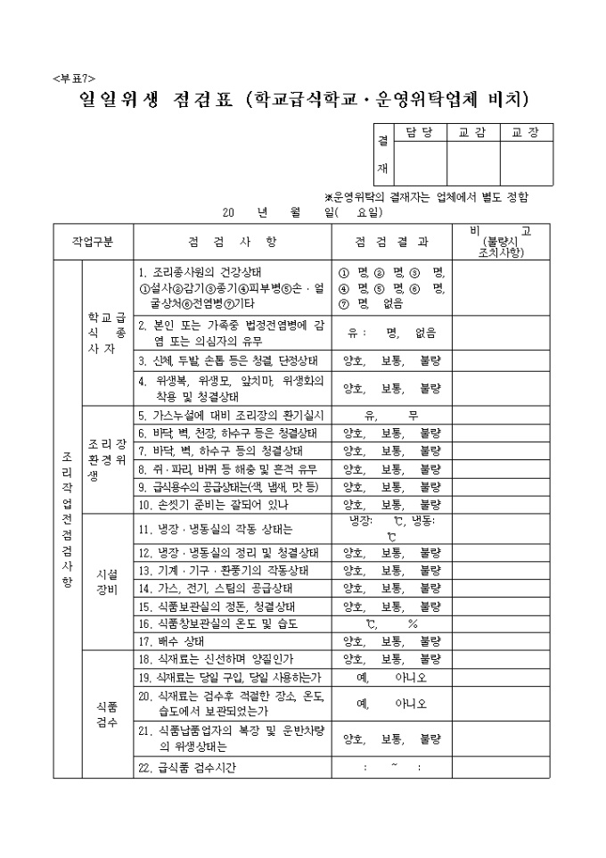 일일위생점검표, 학교급식, 운영위탁업체비치 미리보기