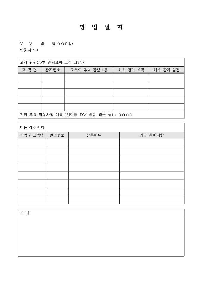 영업일지(고객관리결과예정사항) 미리보기