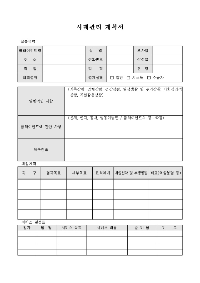 사례관리 계획서(사회복지) 미리보기