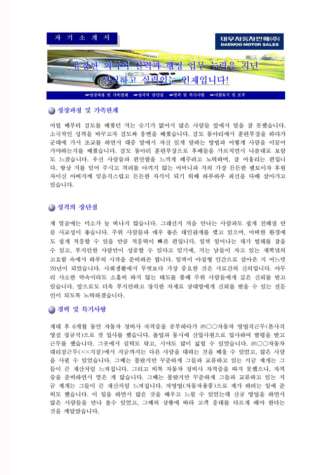 영업 자기소개서 샘플(자동차)모음 미리보기