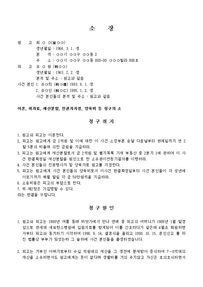 이혼·위자료·재산분할·양육비 등 청구의 소장 미리보기