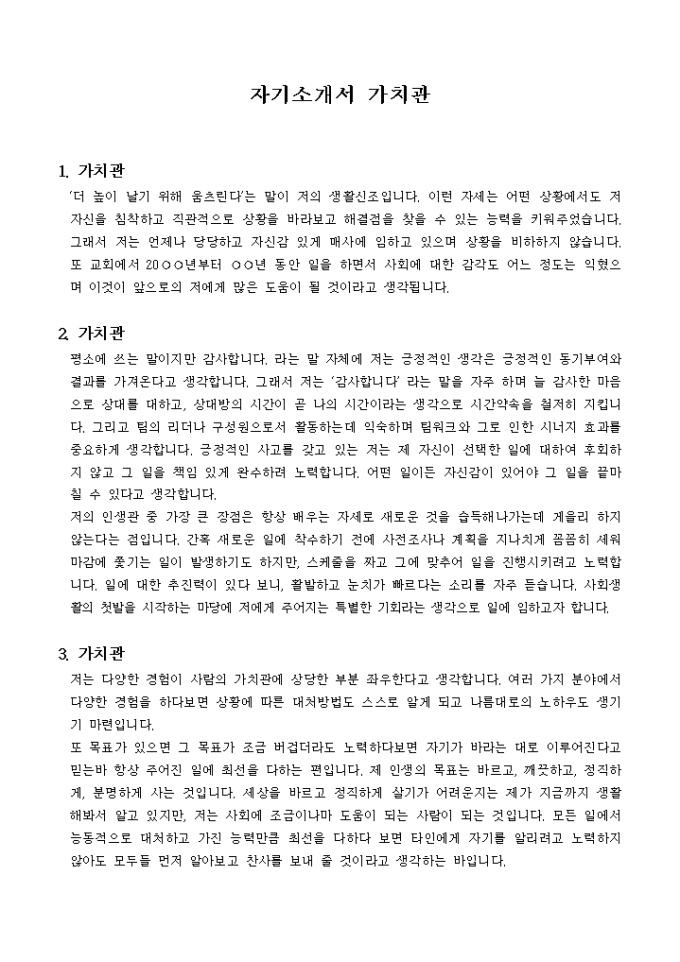 자기소개서 가치관 모음 미리보기