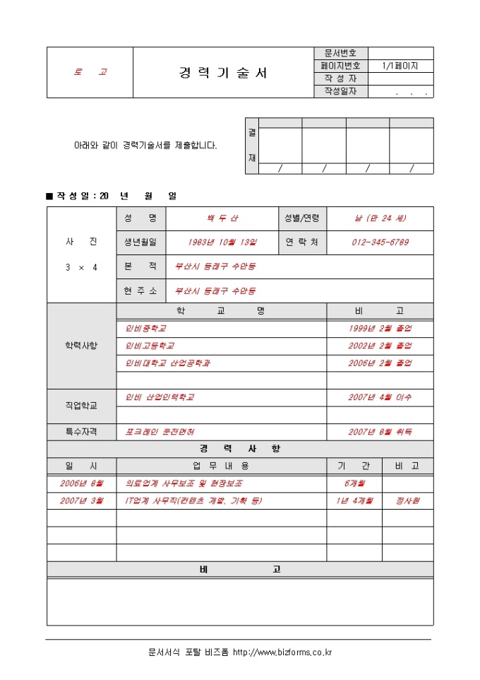 표준 경력기술서 미리보기