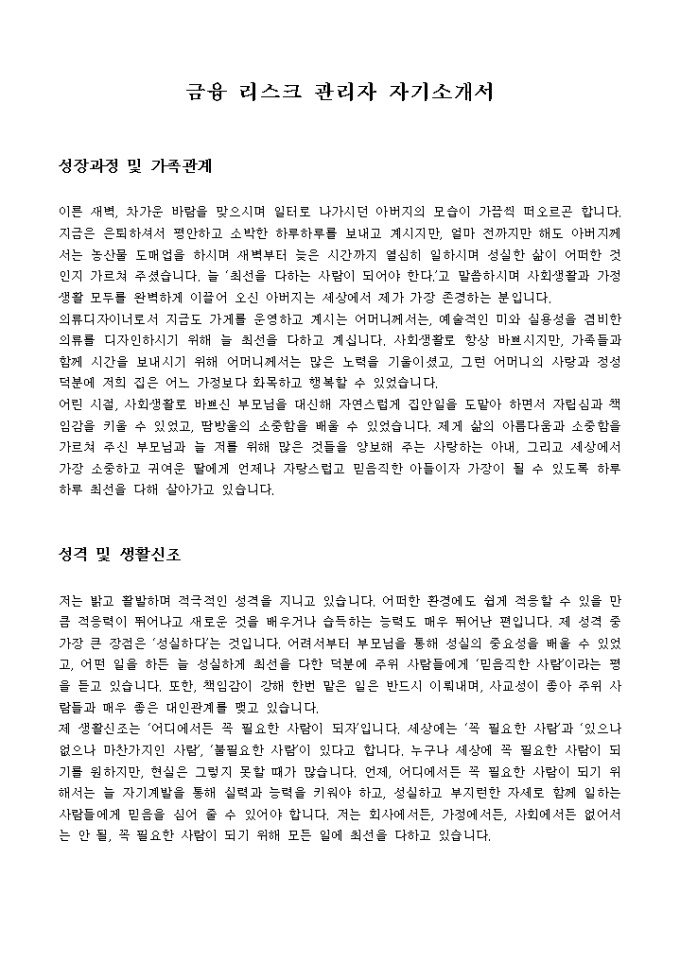 금융 리스크 관리자 자기소개서 미리보기