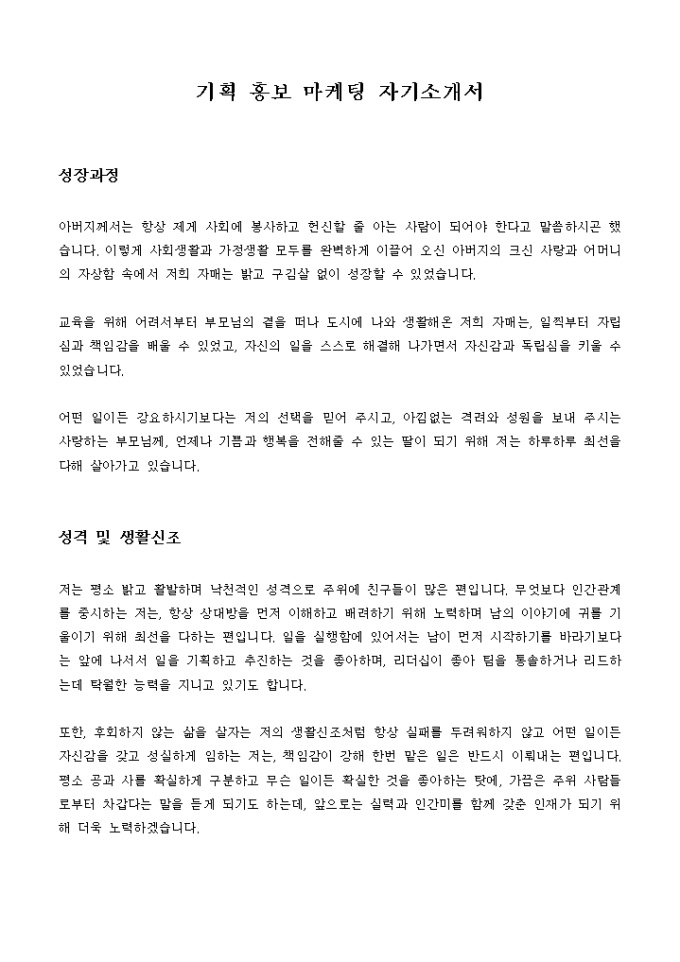 기획 홍보 마케팅 자기소개서 미리보기