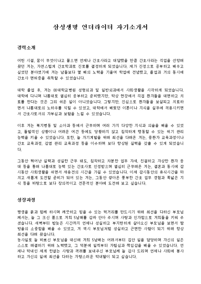 삼성생명 언더라이터 자기소개서 미리보기