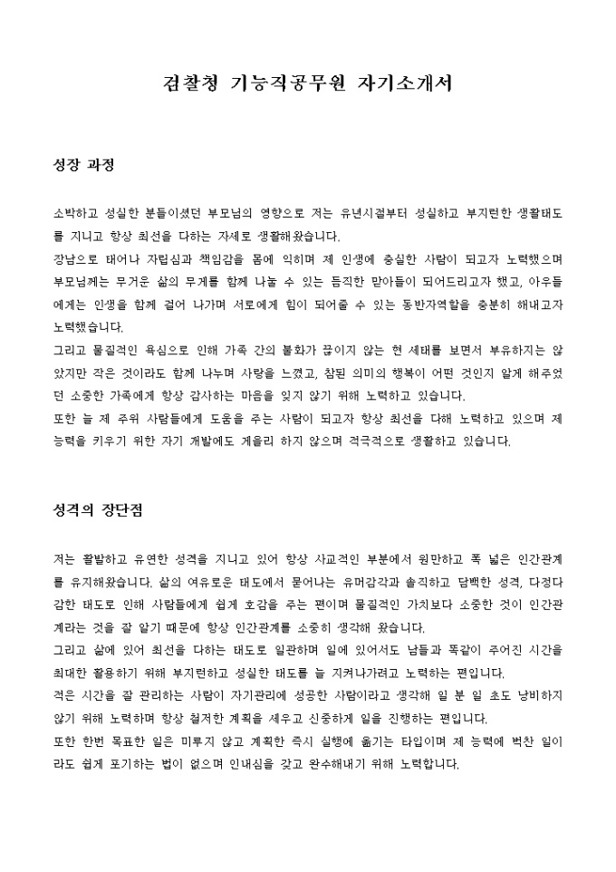 검찰청 기능직공무원 자기소개서 미리보기