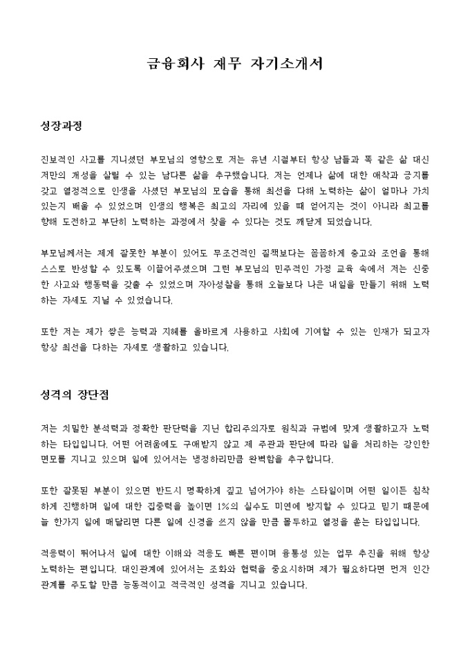금융회사 재무 자기소개서 미리보기