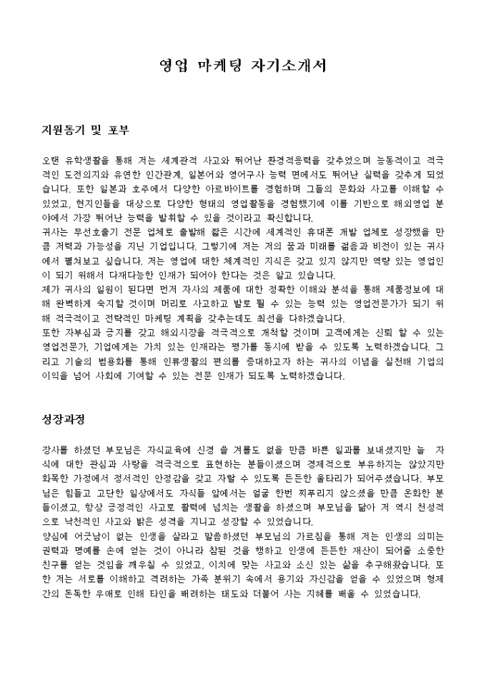 영업 마케팅 자기소개서 미리보기