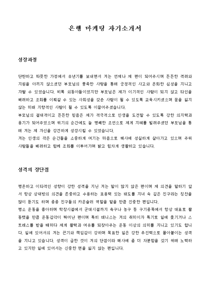 은행 마케팅 자기소개서 미리보기