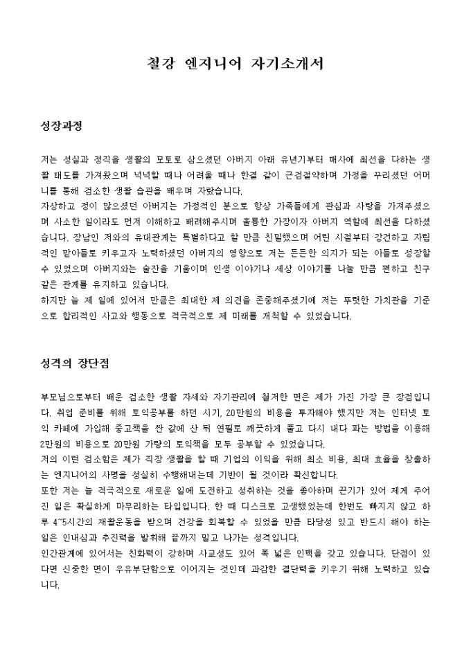 철강 엔지니어 자기소개서 미리보기