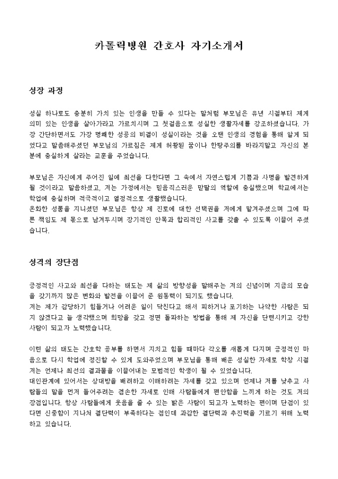 카톨릭병원 간호사 자기소개서 미리보기