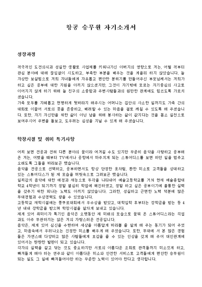 항공 승무원 자기소개서 미리보기