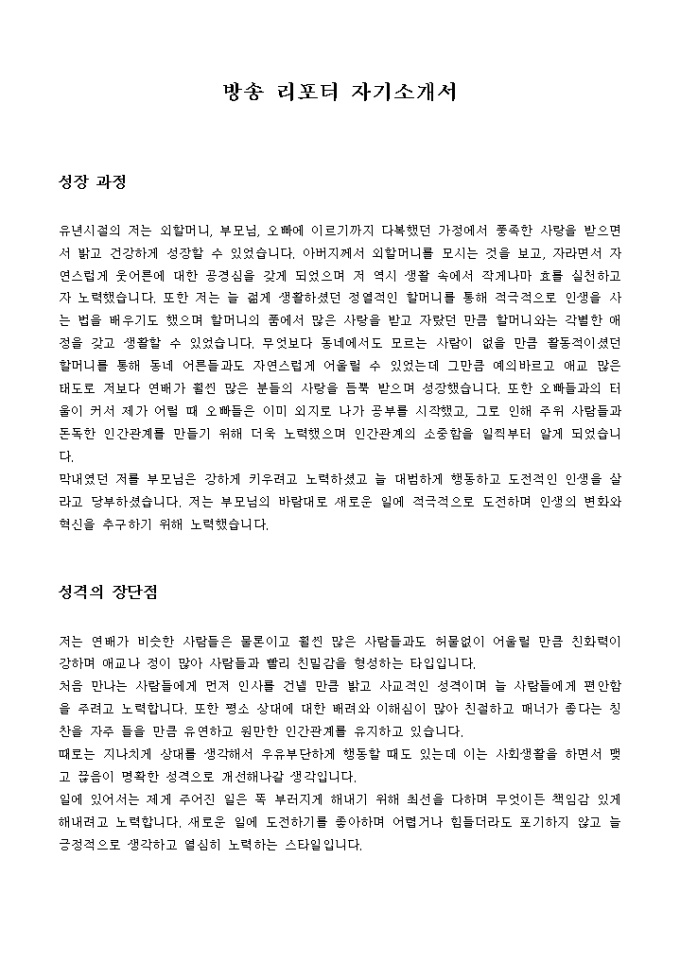 방송 리포터 자기소개서 미리보기