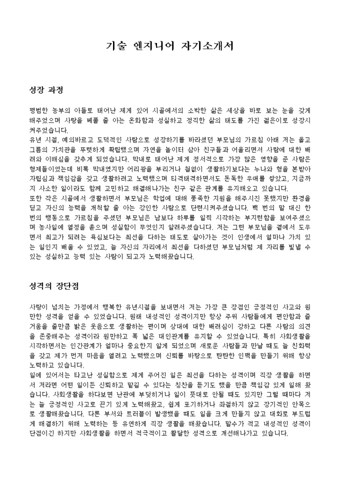 기술 엔지니어 자기소개서 미리보기