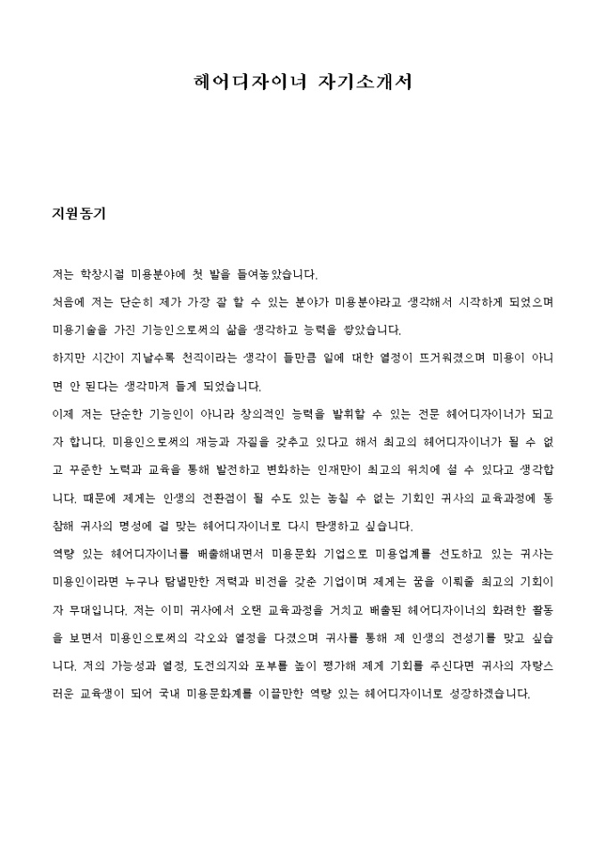 헤어디자니어 자기소개서 미리보기