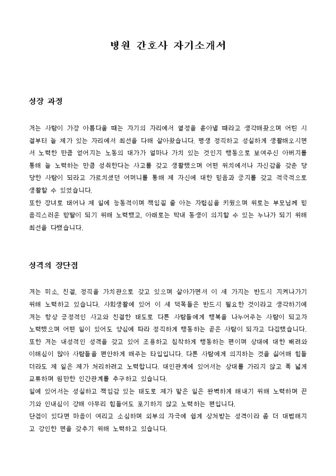 병원 간호사 자기소개서 미리보기